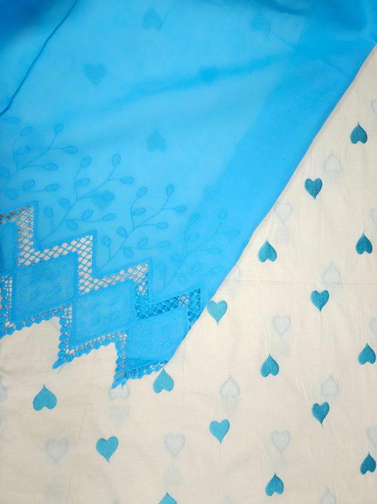 Sky Blue Heart Embroidery Cotton Suit Set | 44 Inch Width