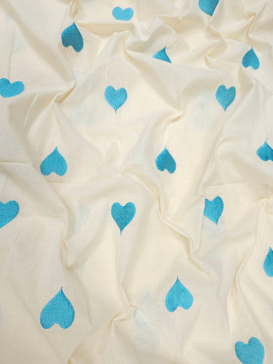 Sky Blue Heart Bloom Embroidery Cotton Fabric | 44 Inch Width