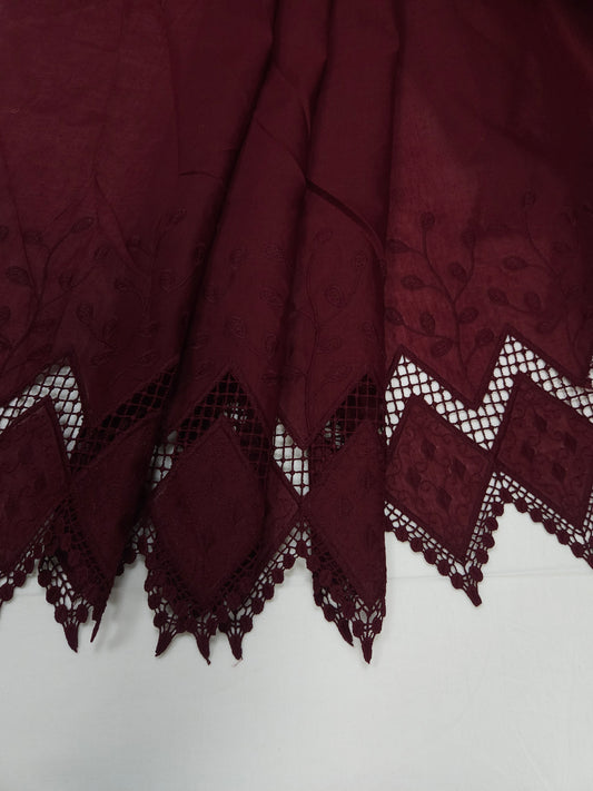 Wine Cotton Border Embroidered Fabric | 44 Inch Width