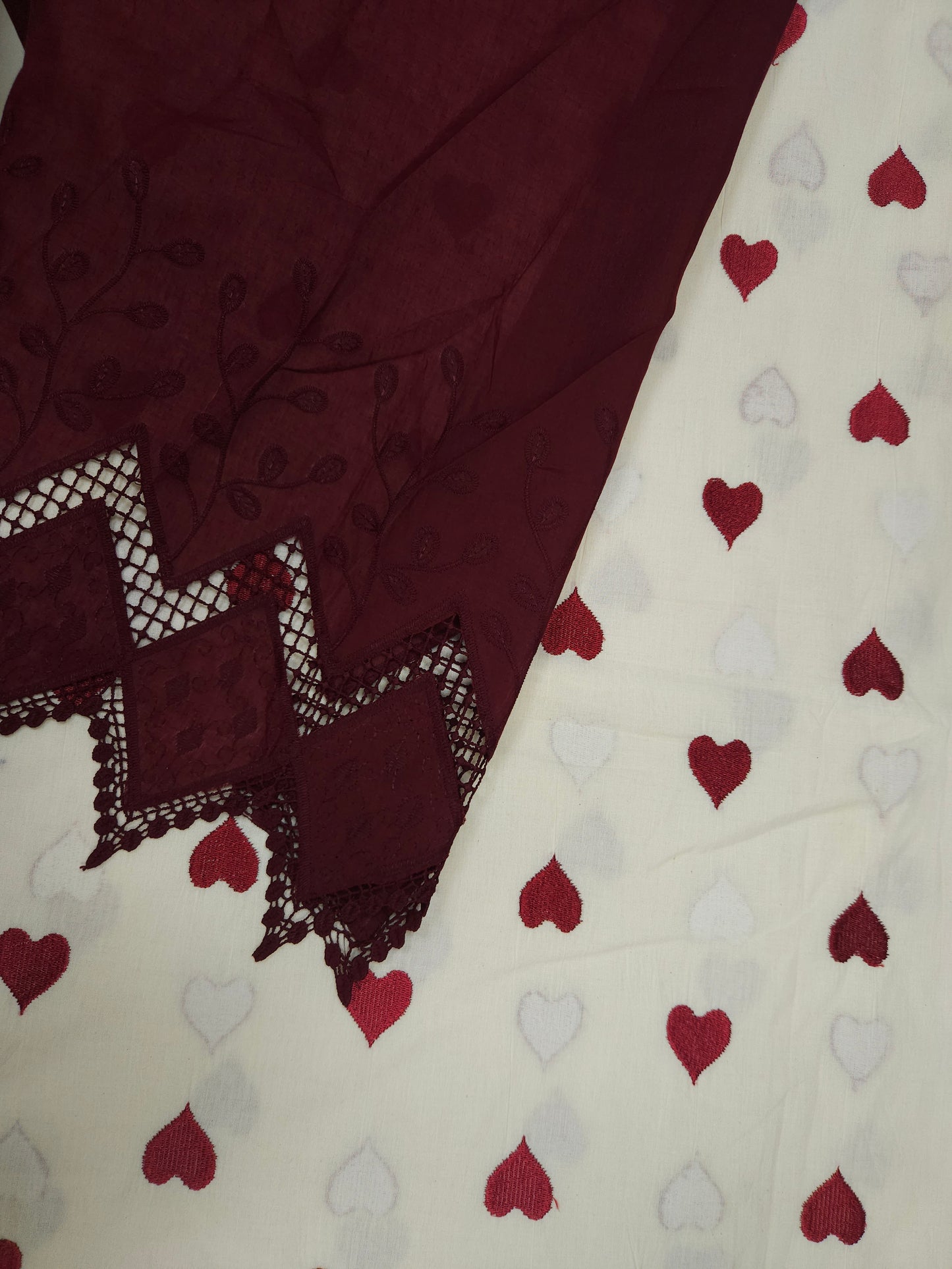 Wine Heart Embroidery Cotton Suit Set | 44 Inch Width