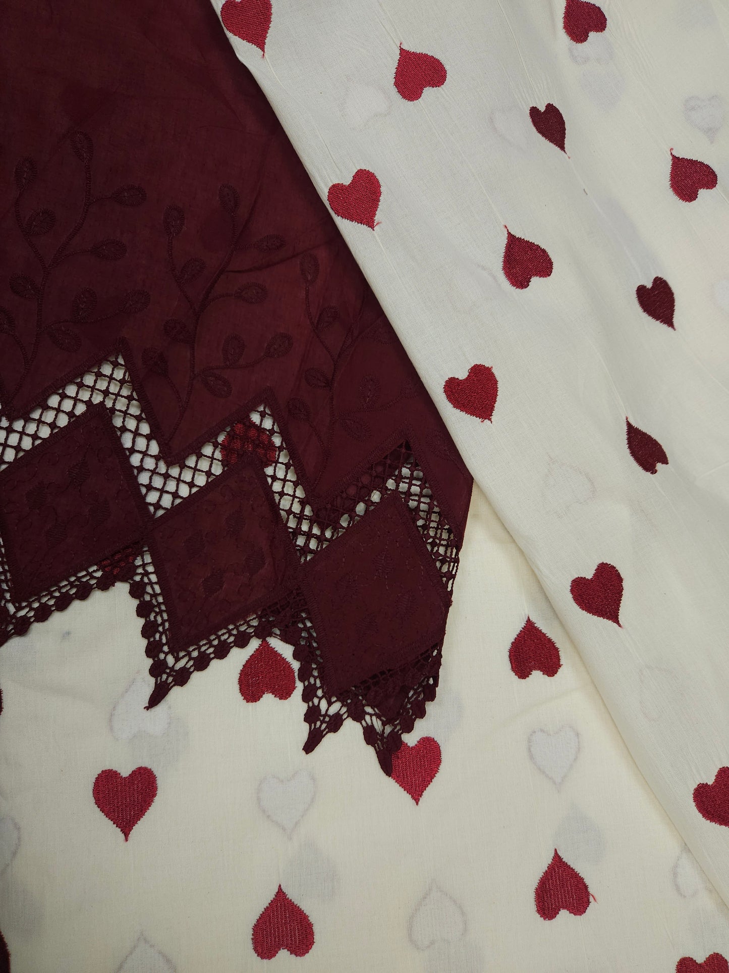 Wine Heart Embroidery Cotton Suit Set | 44 Inch Width
