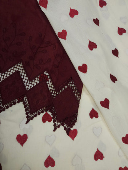 Wine Heart Embroidery Cotton Suit Set | 44 Inch Width