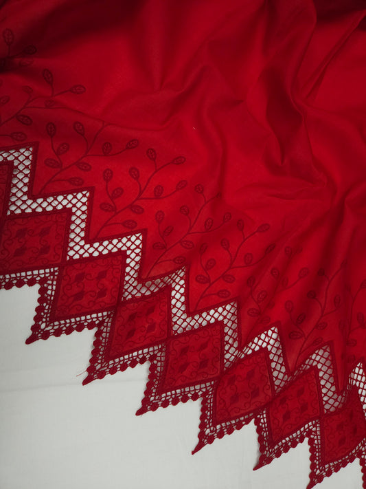 Ruby Red Border Embroidery Cotton Fabric | 44 Inch Width