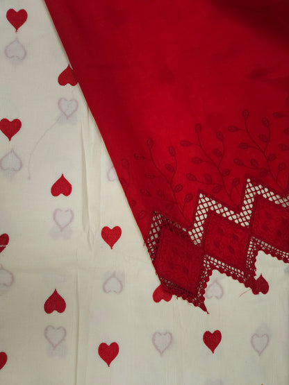 Red Heart Embroidery Cotton Suit Set | 44 Inch Width
