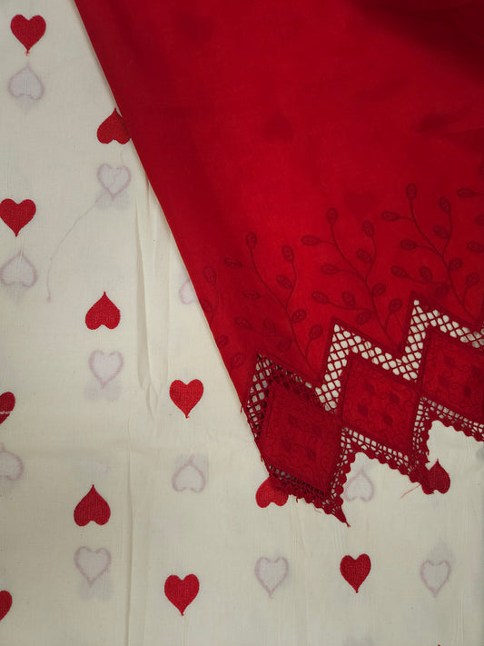 Red Heart Embroidery Cotton Suit Set | 44 Inch Width