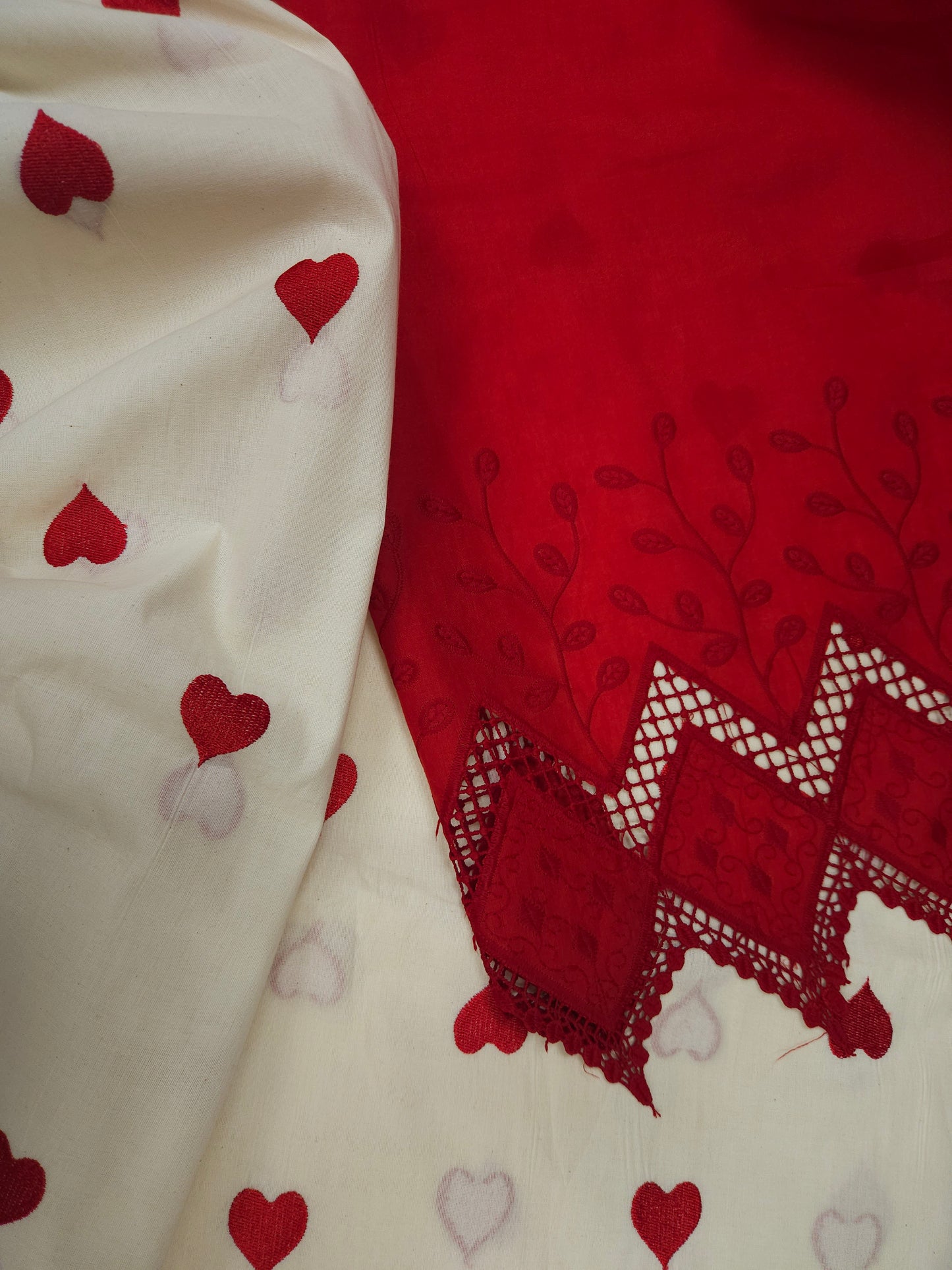 Red Heart Embroidery Cotton Suit Set | 44 Inch Width