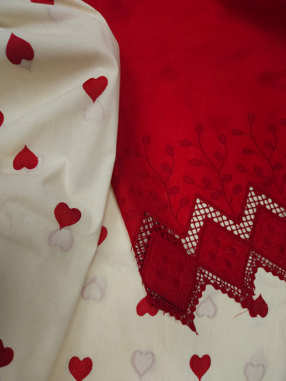 Red Heart Embroidery Cotton Suit Set | 44 Inch Width