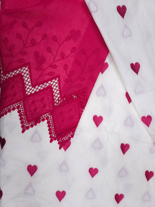 Magenta Heart Embroidery Cotton Suit Set Fabric | 44 Inch Width