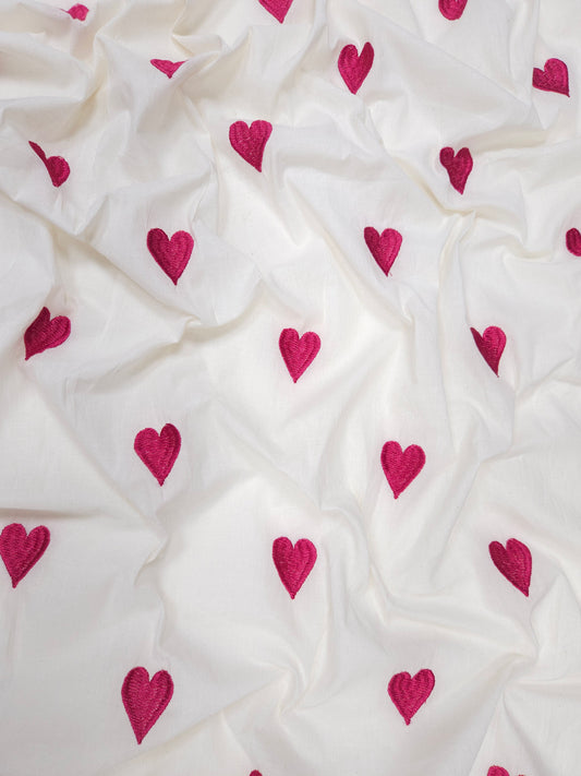 Pink Heart Embroidered Cotton Fabric | 44 Inch Width