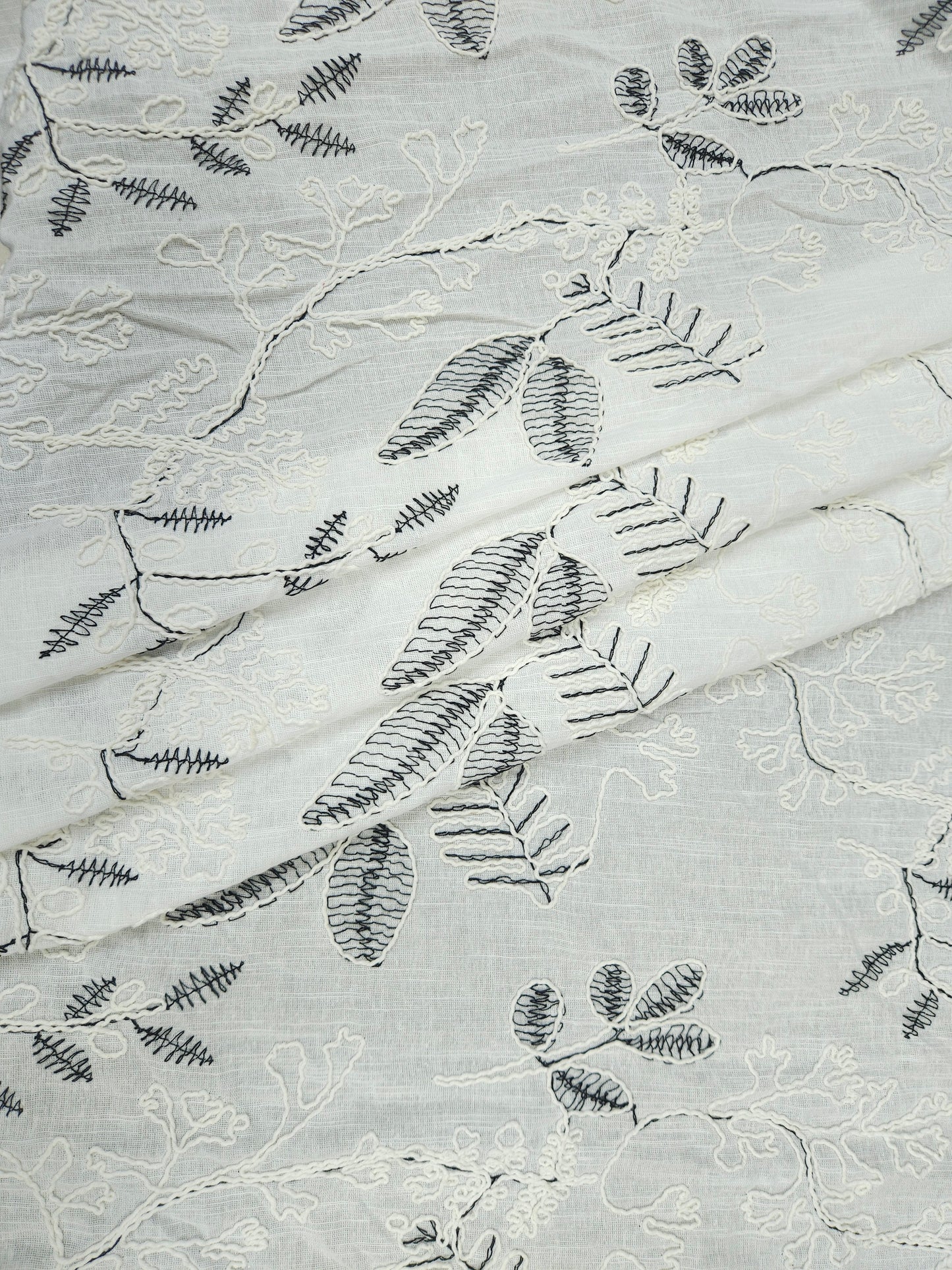 Pure Linen Botanical 3D Appliqué Embroidered Fabric
