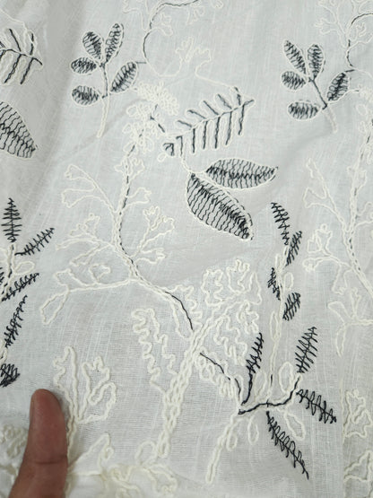 Pure Linen Botanical 3D Appliqué Embroidered Fabric
