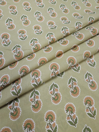 Designer Olive Green Cambric Cotton Kurta Bottom Suit Set | Floral & Stripe Print | 60 Inch Width