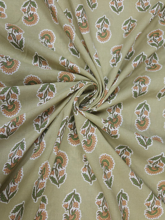 Designer Olive Green Cambric Cotton Kurta Bottom Suit Set | Floral & Stripe Print | 60 Inch Width