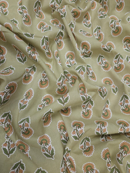 Designer Olive Green Cambric Cotton Kurta Bottom Suit Set | Floral & Stripe Print | 60 Inch Width