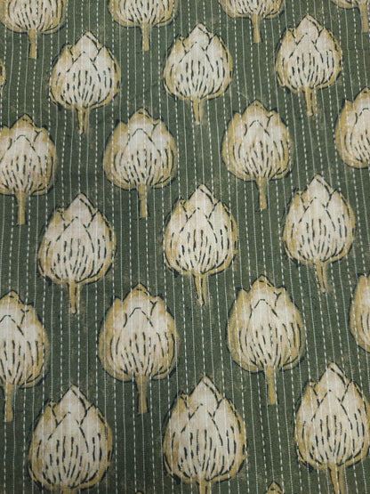 Olive Green Cotton Kantha Print Fabric | 60 Inch Width