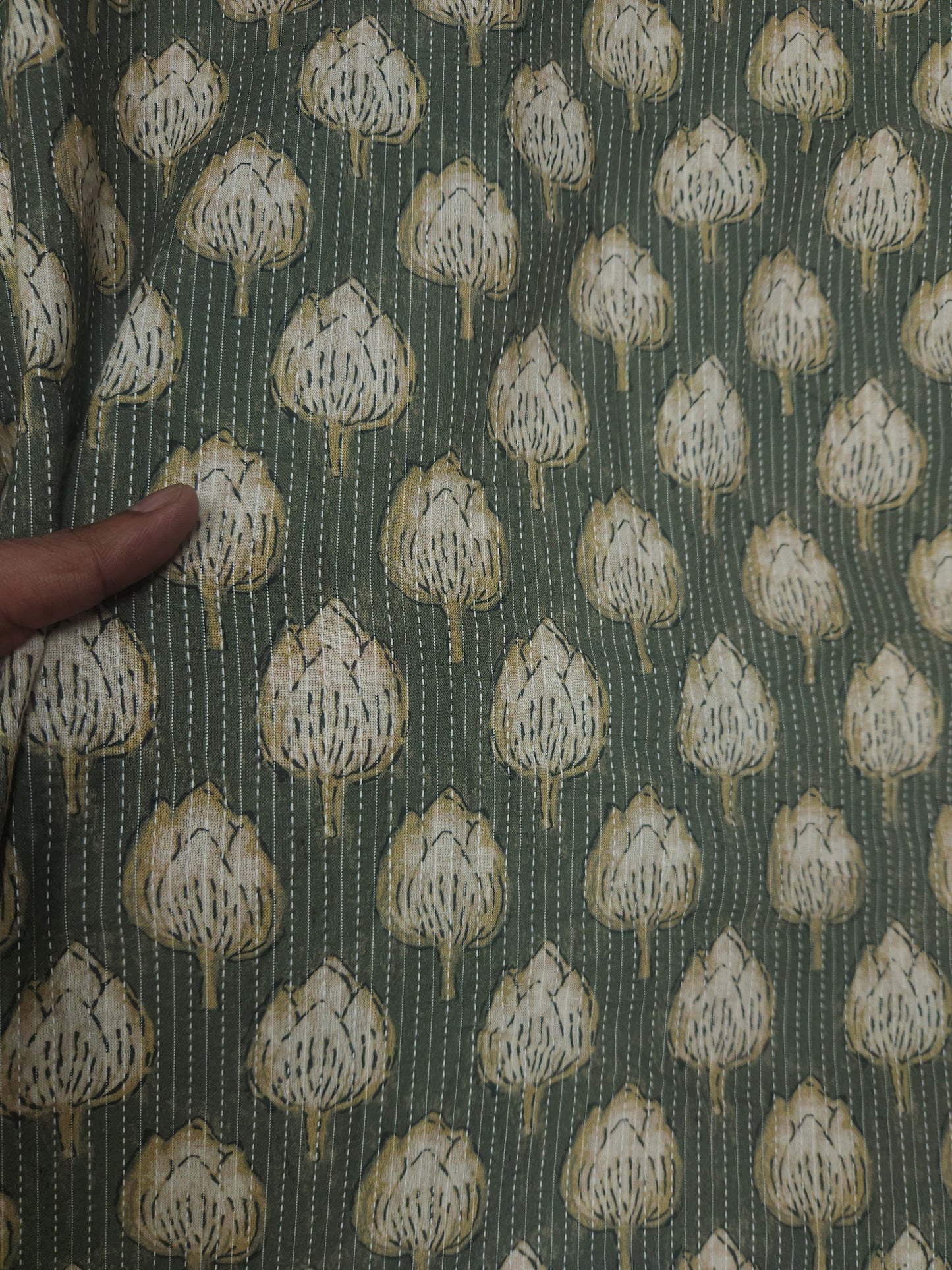 Olive Green Cotton Kantha Print Fabric | 60 Inch Width