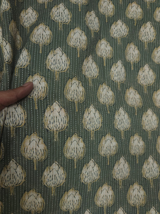 Olive Green Cotton Kantha Print Fabric | 60 Inch Width
