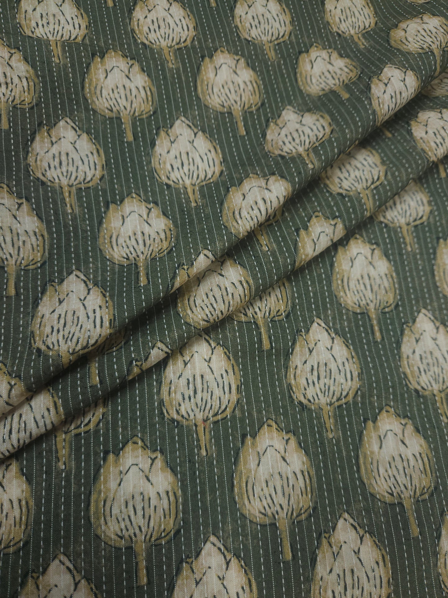 Olive Green Cotton Kantha Print Fabric | 60 Inch Width