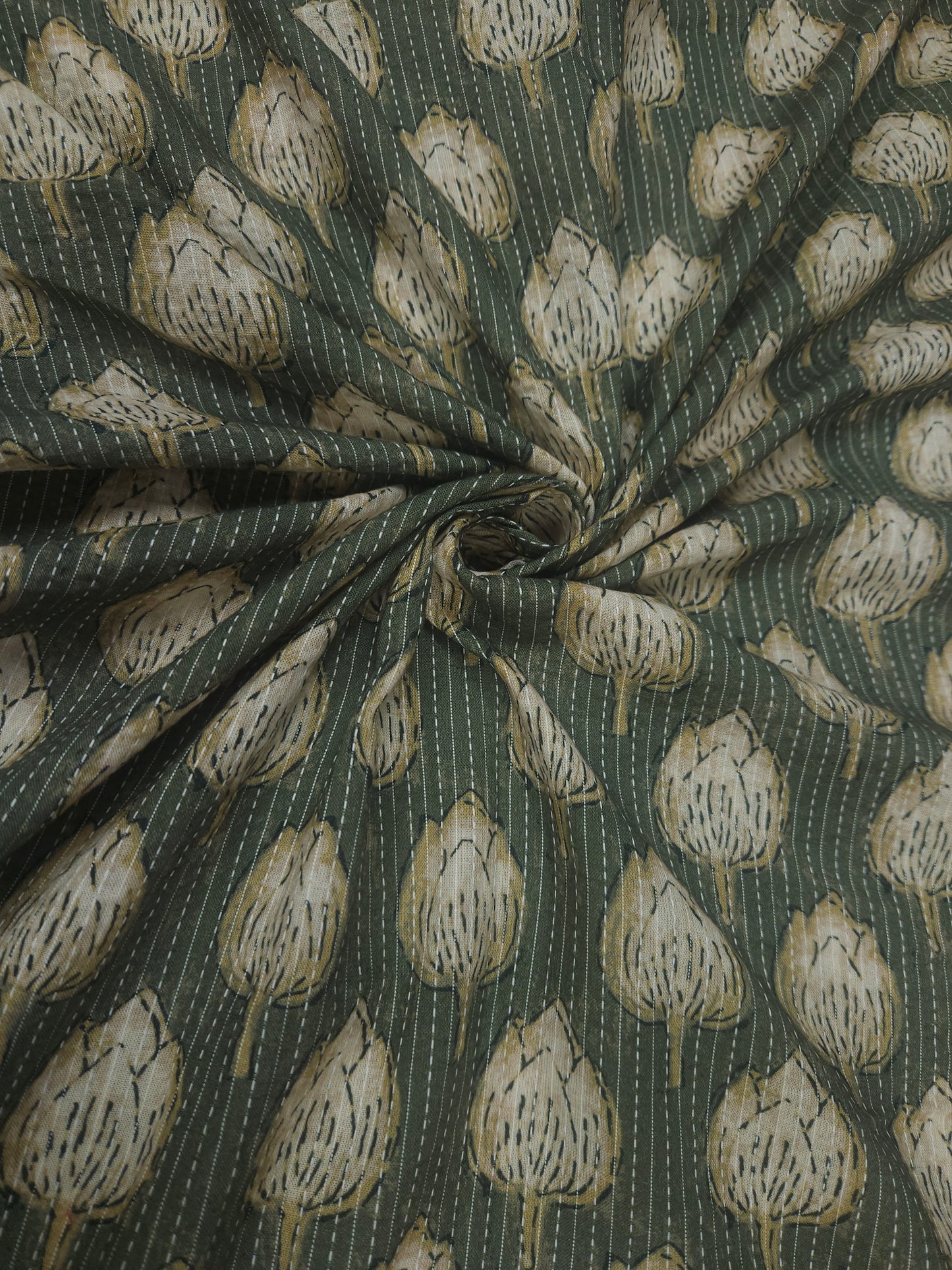 Olive Green Cotton Kantha Print Fabric | 60 Inch Width