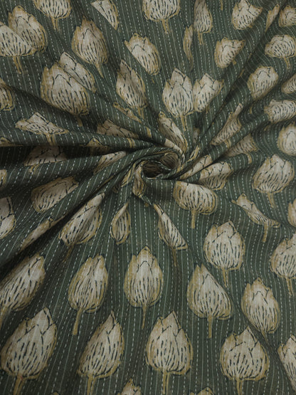 Olive Green Cotton Kantha Print Fabric | 60 Inch Width