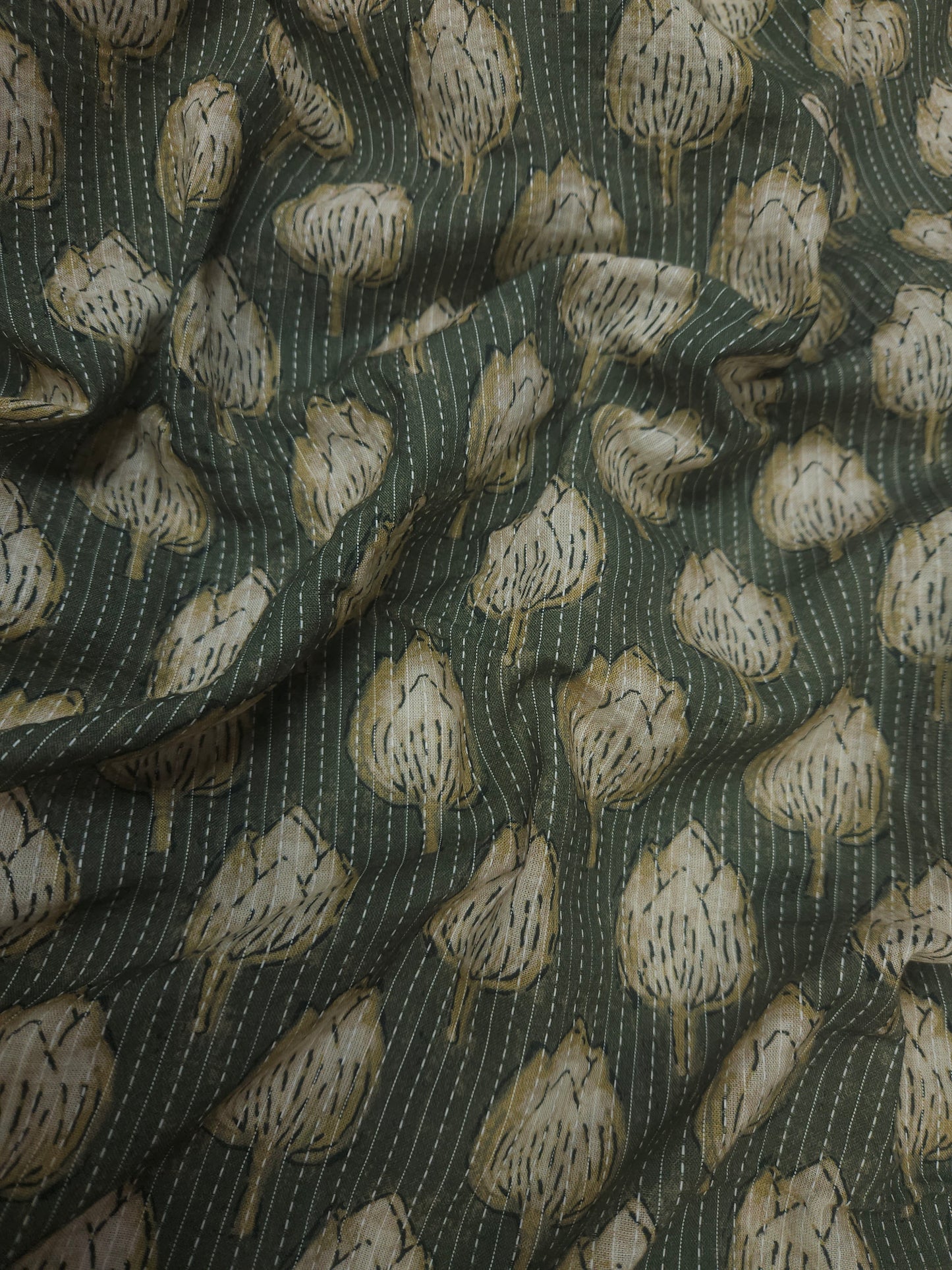 Olive Green Cotton Kantha Print Fabric | 60 Inch Width