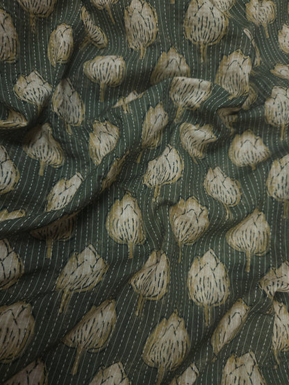 Olive Green Cotton Kantha Print Fabric | 60 Inch Width
