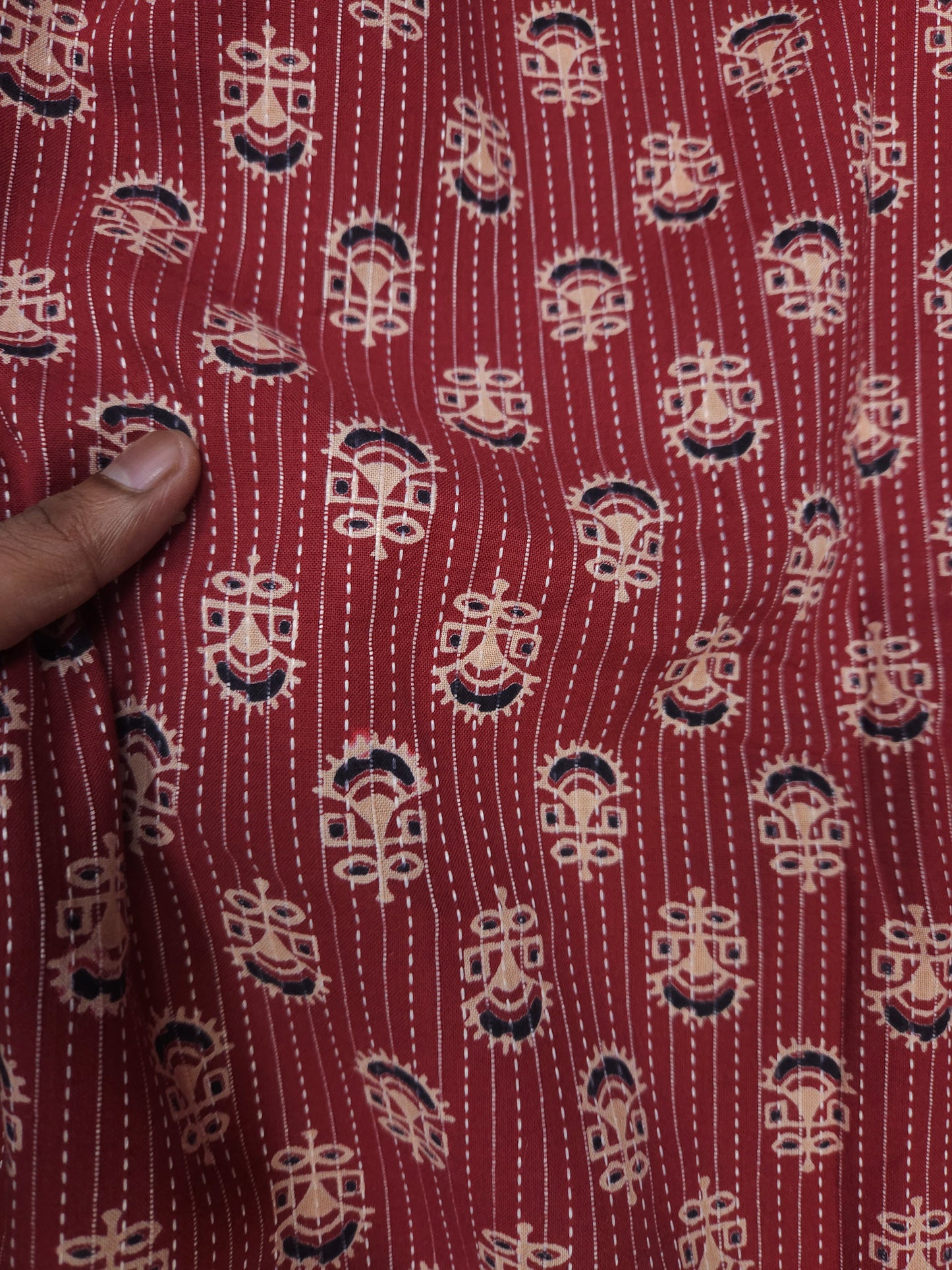 Brick Red Floral Kantha Cambric Cotton