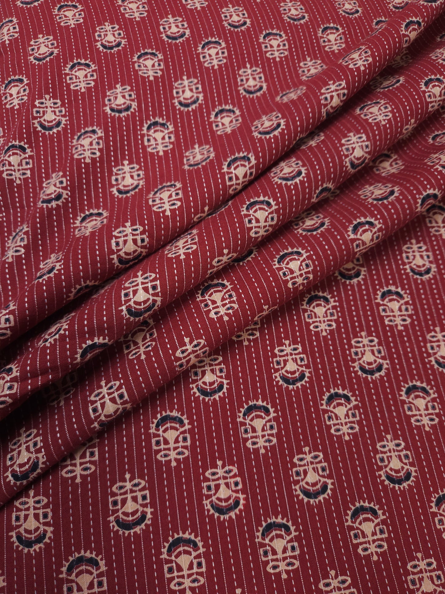 Brick Red Floral Kantha Cambric Cotton
