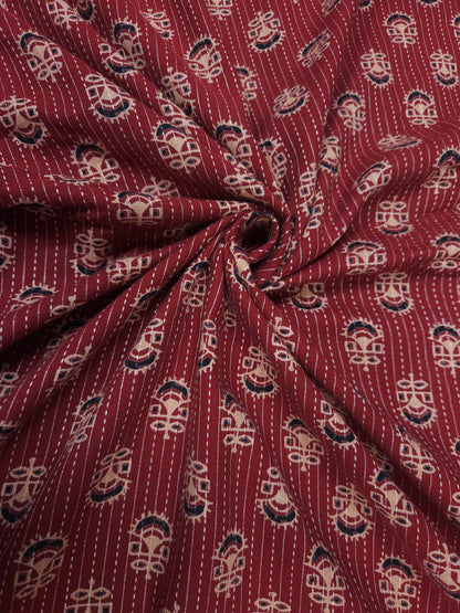 Brick Red Floral Kantha Cambric Cotton