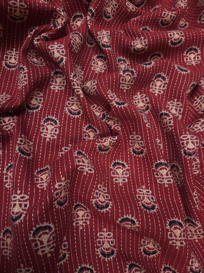 Brick Red Floral Kantha Cambric Cotton