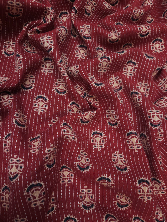Brick Red Floral Kantha Cambric Cotton