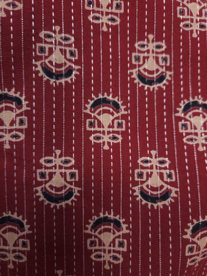 Brick Red Floral Kantha Cambric Cotton