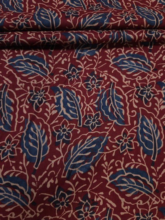 Maroon Floral Leaf Print Cotton Fabric | 60 Inch Width
