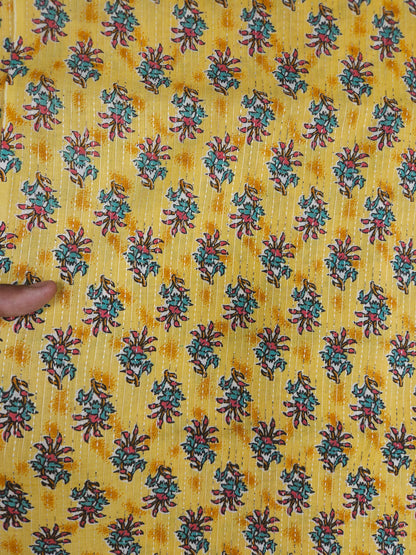 mustard Ethnic Floral Print With Kantha Cotton Cambric