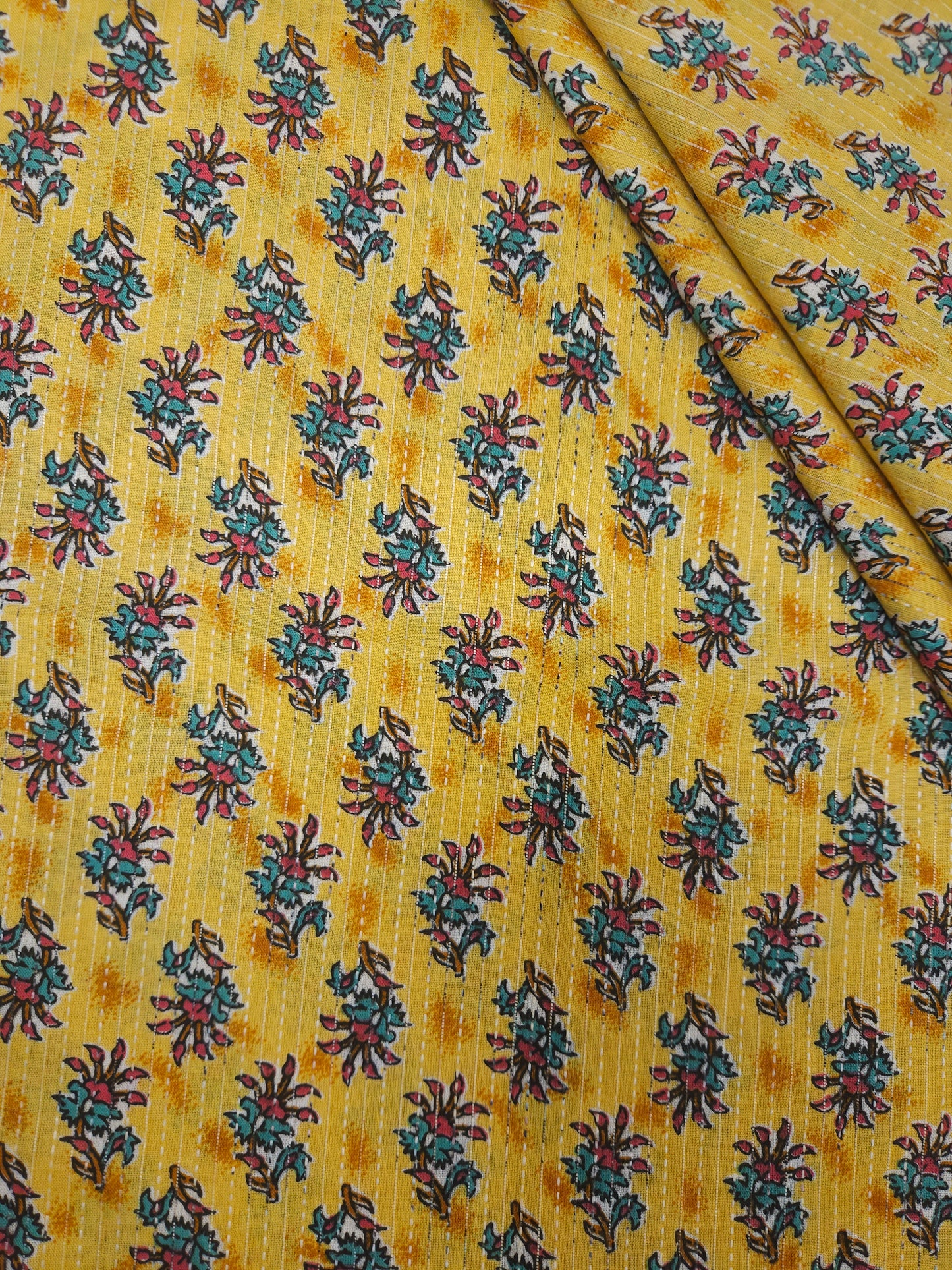 mustard Ethnic Floral Print With Kantha Cotton Cambric