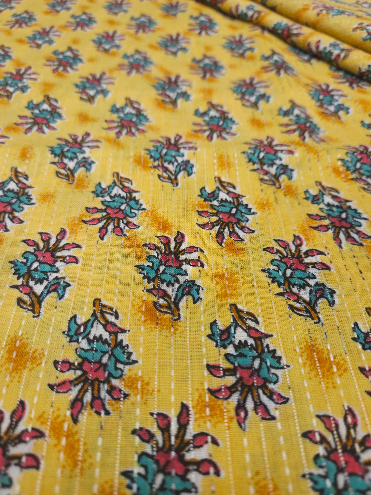 mustard Ethnic Floral Print With Kantha Cotton Cambric