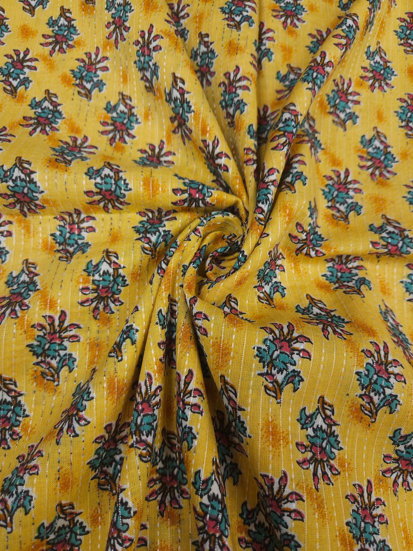 mustard Ethnic Floral Print With Kantha Cotton Cambric