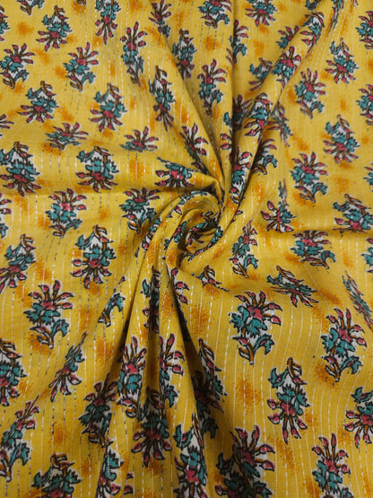 mustard Ethnic Floral Print With Kantha Cotton Cambric