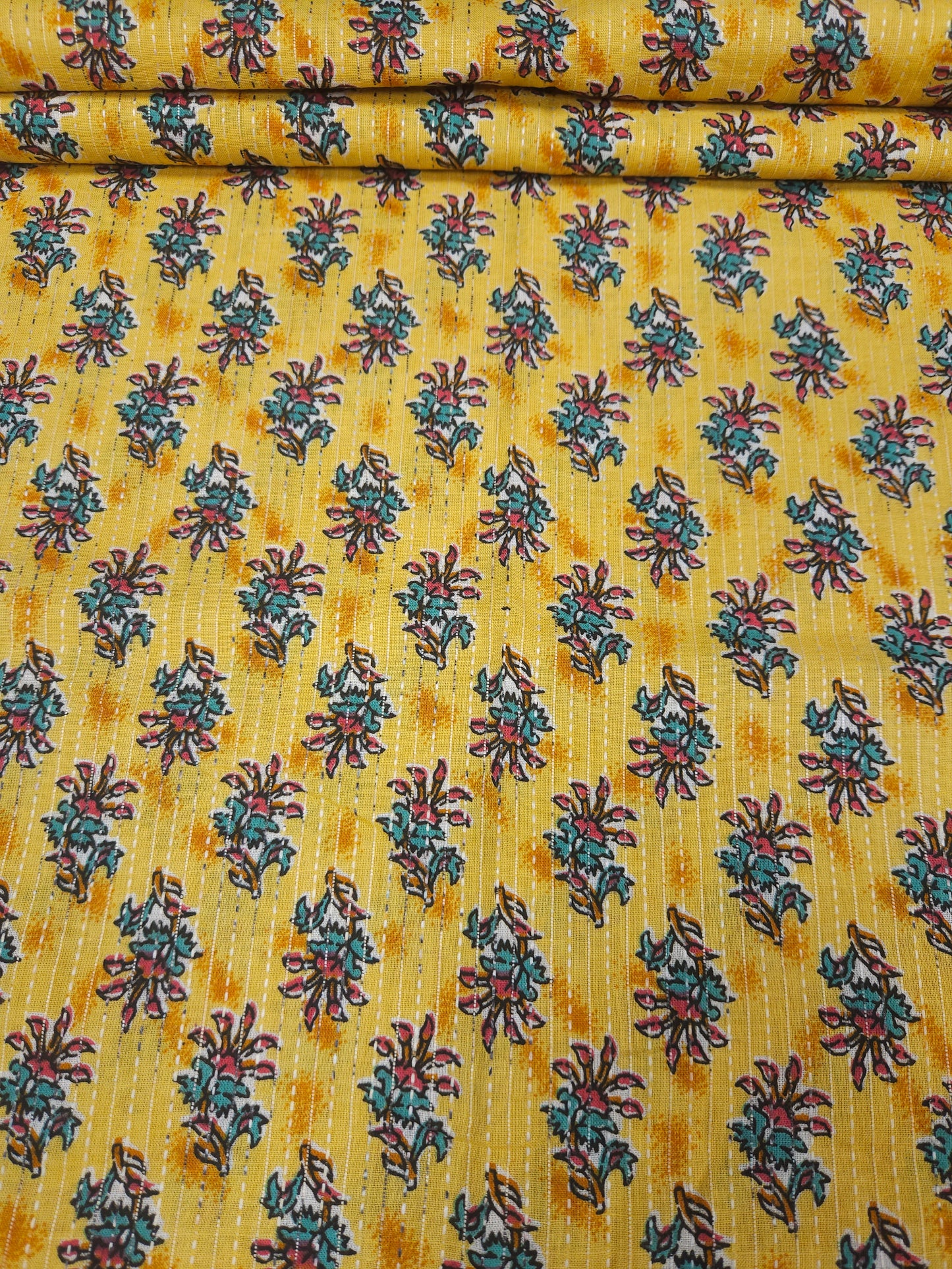 mustard Ethnic Floral Print With Kantha Cotton Cambric