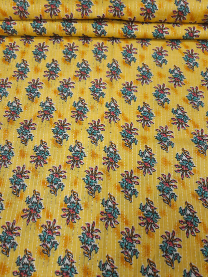 mustard Ethnic Floral Print With Kantha Cotton Cambric