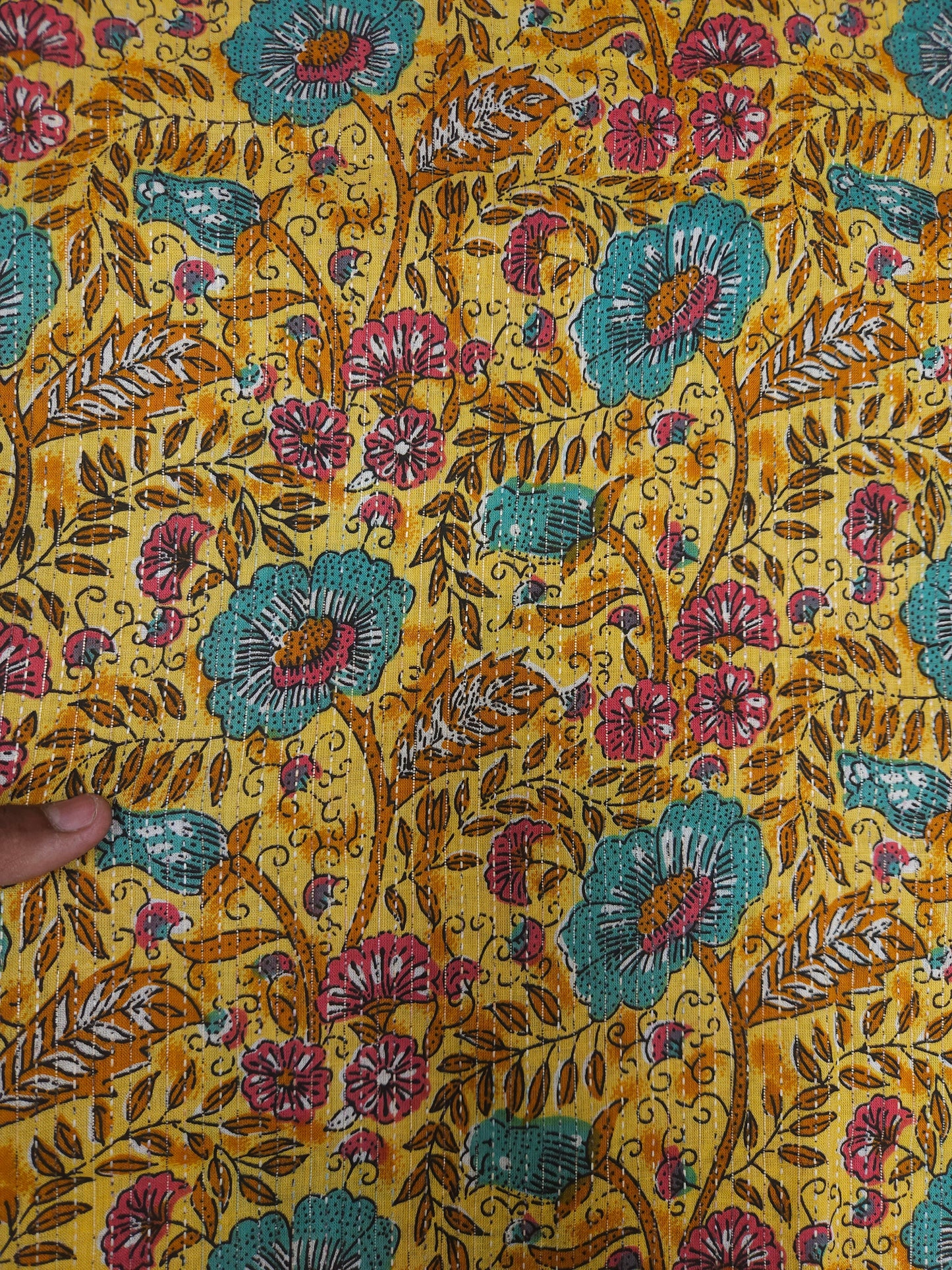 Mustard Floral Print With Kantha Work Cambric Cotton
