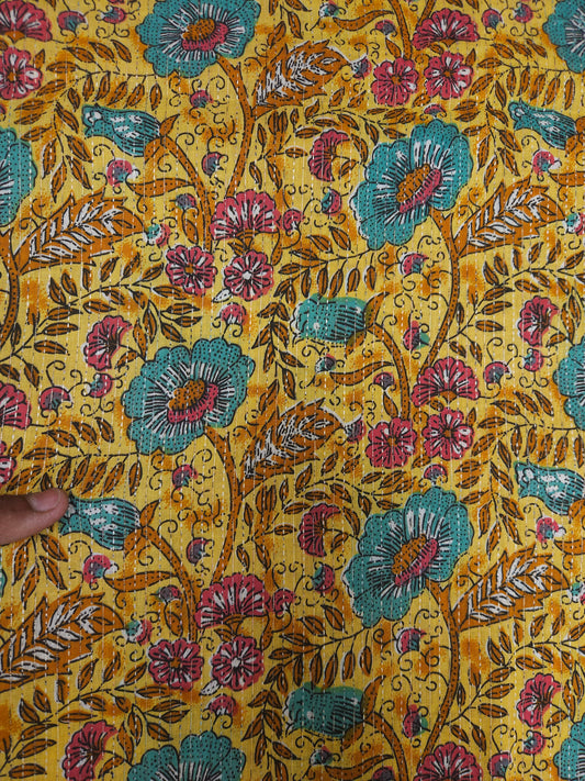 Mustard Floral Print With Kantha Work Cambric Cotton