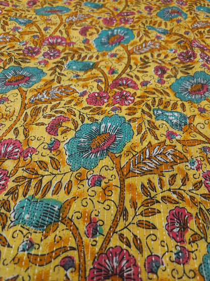 Mustard Floral Print With Kantha Work Cambric Cotton