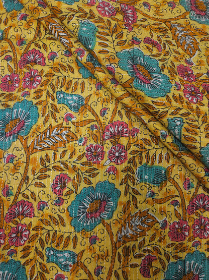 Mustard Floral Print With Kantha Work Cambric Cotton