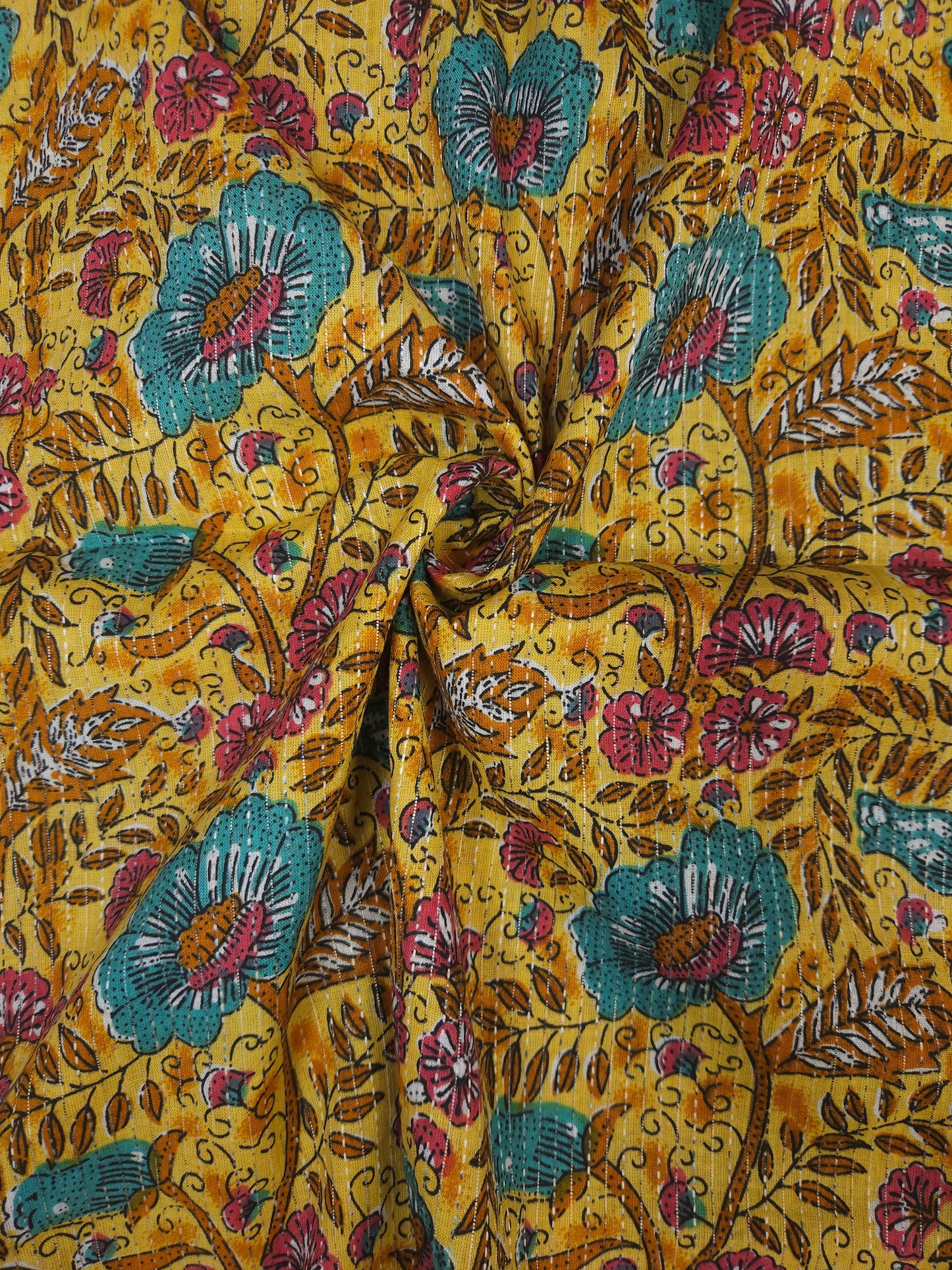 Mustard Floral Print With Kantha Work Cambric Cotton