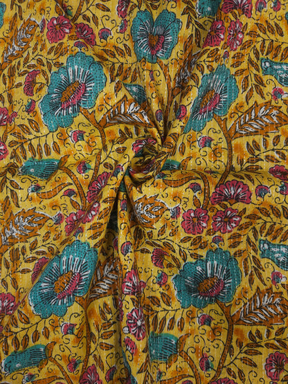 Mustard Floral Print With Kantha Work Cambric Cotton