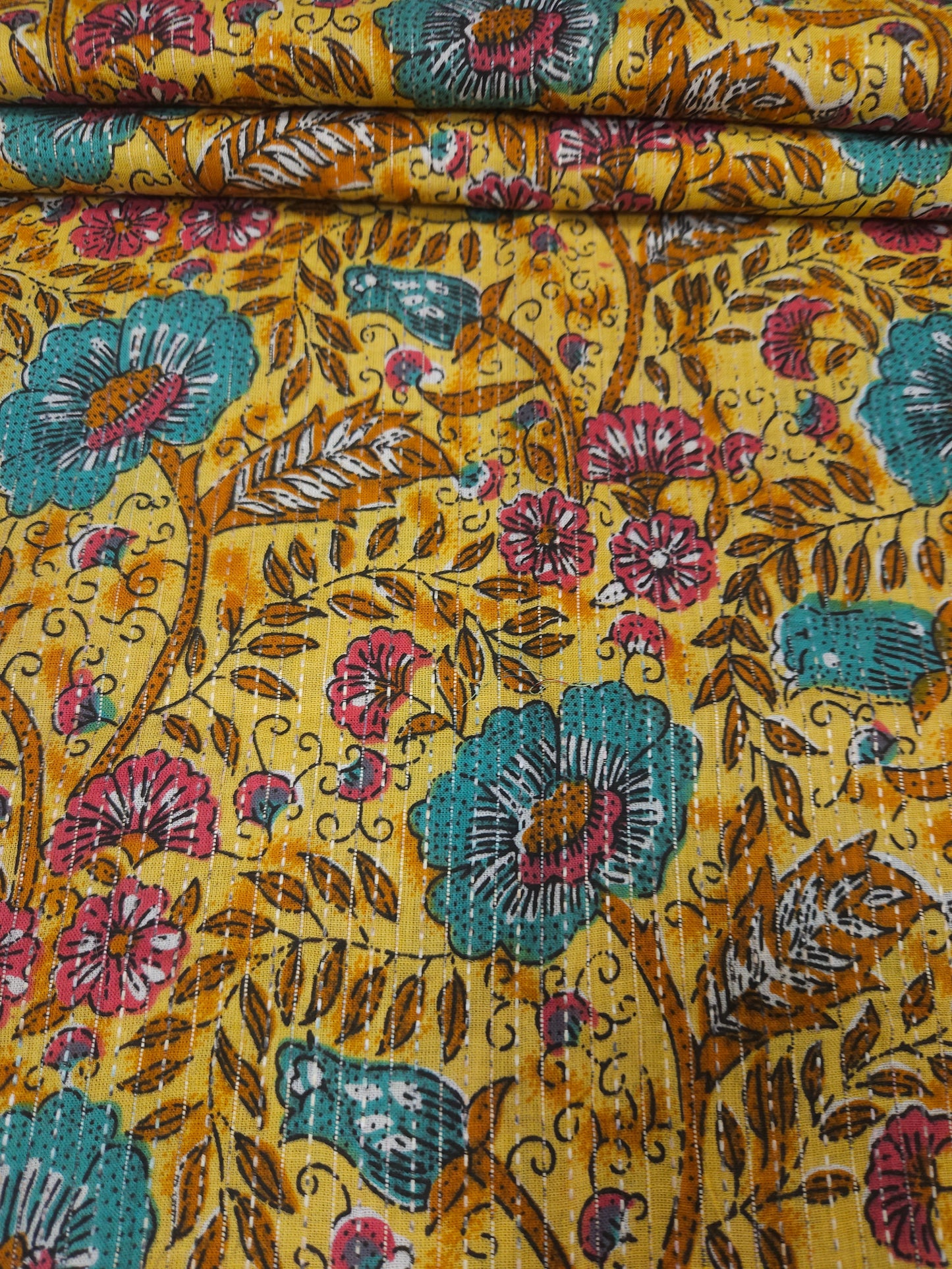 Mustard Floral Print With Kantha Work Cambric Cotton