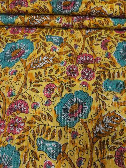 Mustard Floral Print With Kantha Work Cambric Cotton