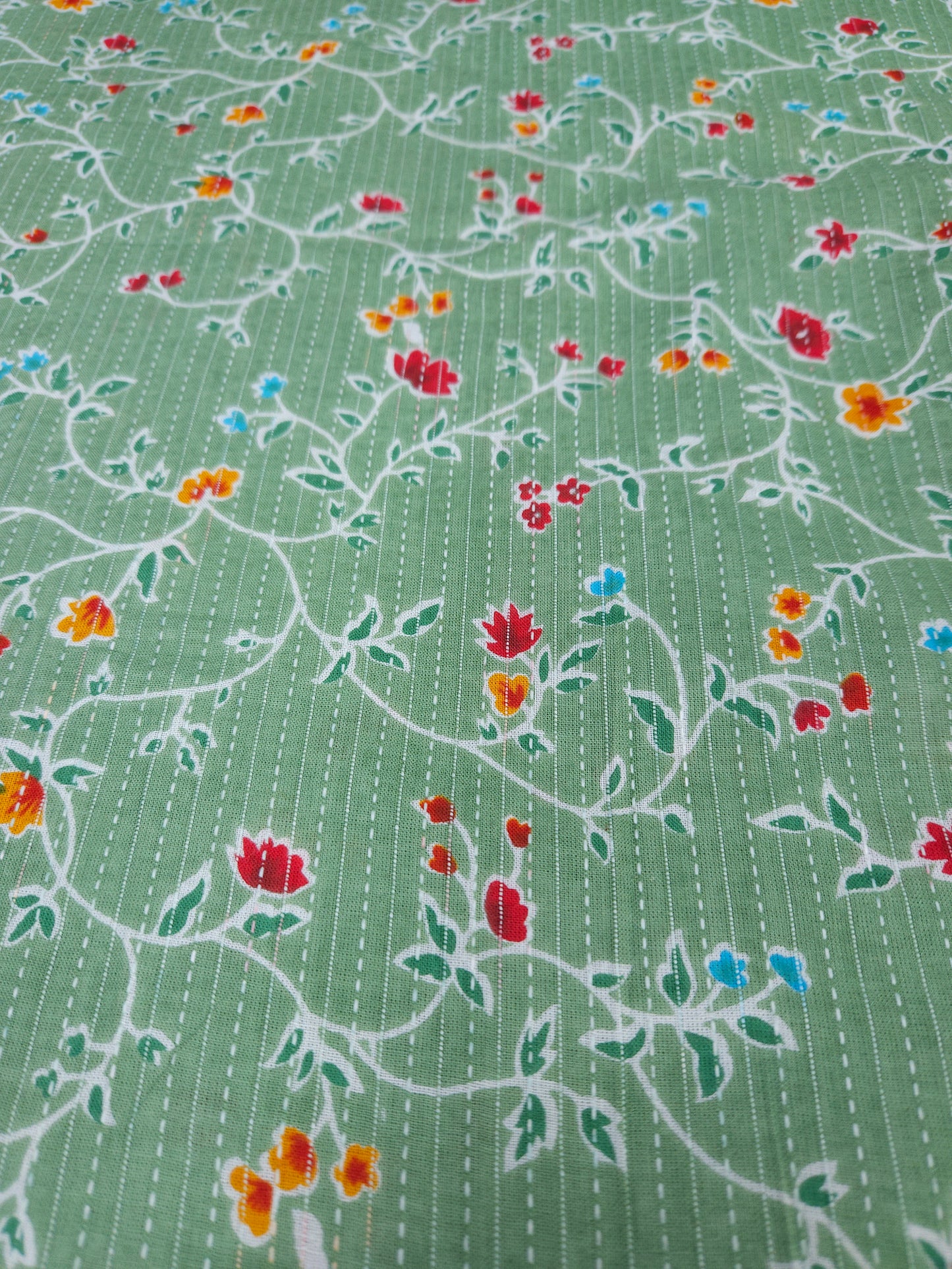 Sage Green Floral Vine Kantha Cambric Cotton