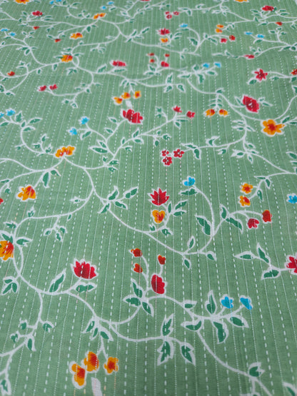 Sage Green Floral Vine Kantha Cambric Cotton